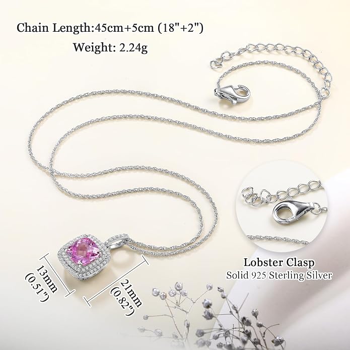 Birthstone Necklace for Women 925 Sterling Silver Cushion/Pear Cut Created Gemstone Halo Pendant Necklace Birthstone Jewelry
