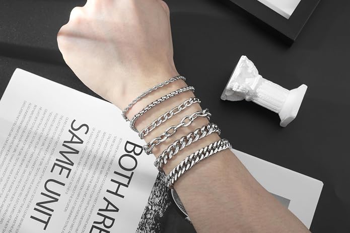 XIANNVXI 6pcs Bracelets for Men Gifts for Him Stainless Steel Bracelet Silver/Gold/Black Cuban Link Rope Paperclip Chain Bracelets Set 6.5/7/7.5/8.3/9 Inches Metal Bracelet Mens Fashion Accessories Jewelry Gifts Set