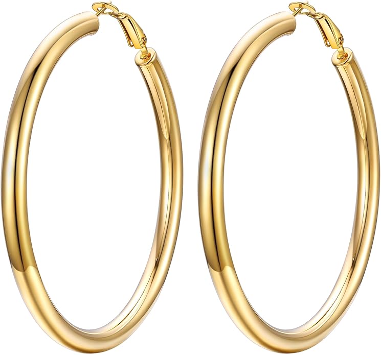 Stainless Steel Chunky Hoop Earrings For Women, Minimalist and Chic, Black/Gold Plated, Round Hoops Earrings Hypoallergenic, Size: 30mm/40mm/60mm/80mm, Come with Box