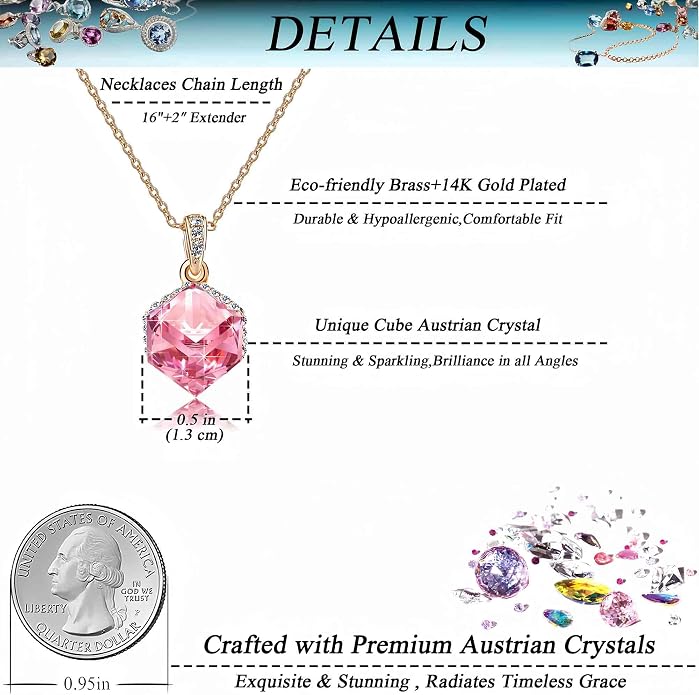 EVEVIC Color Changing Cubic Austrian Crystal Pendant Necklaces for Women 14K Gold Plated Hypoallergenic Jewelry