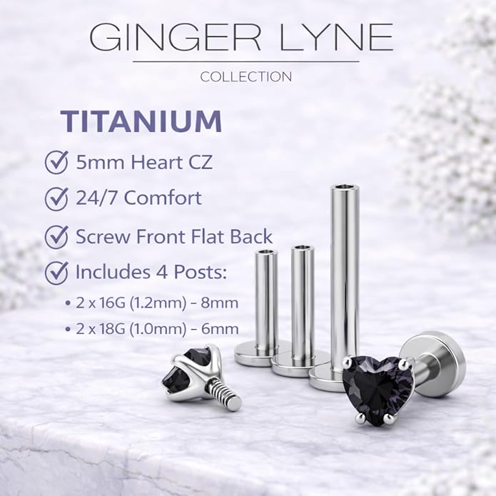 Titanium Heart CZ Labret Stud Earrings for Piercings by Ginger Lyne 6Pc Set G23 Screw Front Flat Back Body Jewelry 2 pair post 6mm, 8mm Cartilage, Helix, Tragus, Lip, Conch, Lobe