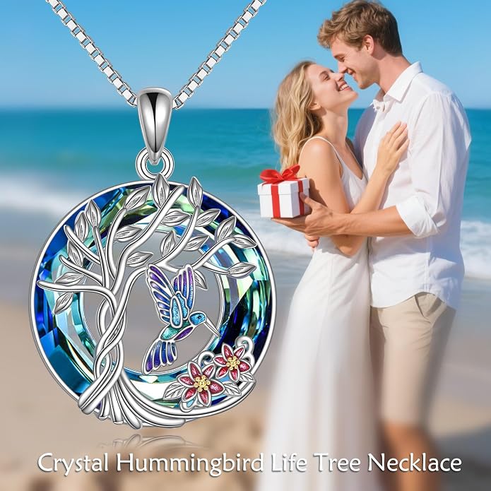 TOUPOP Sterling Silver Tree of Life Hummingbird/Dragonfly/Owl/Panda Necklace Crystal Bird Jewelry Birthday Christmas Valentines Day Gifts for Her Girlfriend Mom