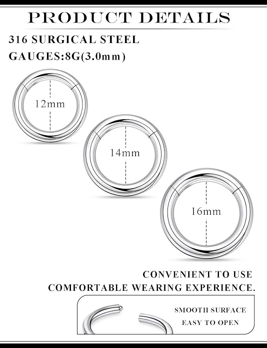 20G 18G 16G 14G 12G 10G 8G 6G 4G 2G Nose Rings Hoops 316l Surgical Steel Clicker Septum Lip Ring Tragus Helix Daith Rook Conch Snug Cartilage Lobe Earrings Hoop Piercing Jewelry For Women Men