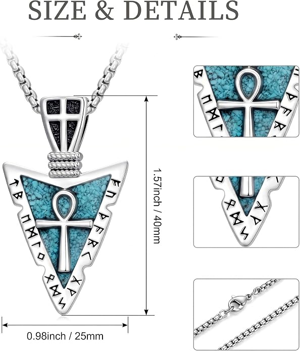 Viking Turquoise Arrowhead Necklace for Men Celtic/Evil Eye/Ankh/Valknut/Compass Arrow Head Pendant Fathers Day Birthday Gifts