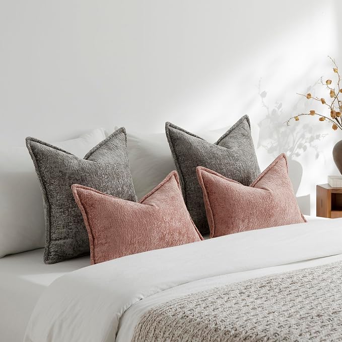 DEZENE Pack of 2 Grey Decorative Throw Pillow Covers 20x20 Cozy Soft Chenille Accent Vintage Square Couch Pillow Covers for Home Decor Bed Sofa Living Room