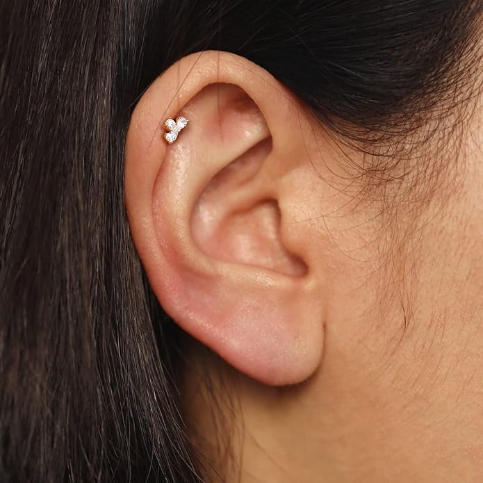Cocharm 14K Solid Gold Cartilage Earring - 16g Flower Yellow Gold Flat Back Helix Stud, 14K Gold Push in Tragus Earring, Threadless Conch Stud
