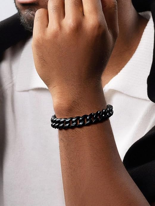 ChainsPro Cuban Link Bracelet for Mens, 6/10/14 mm, 19-21CM Length, 18K Gold Plated/316L Stainless Steel/Black-With Gift Box