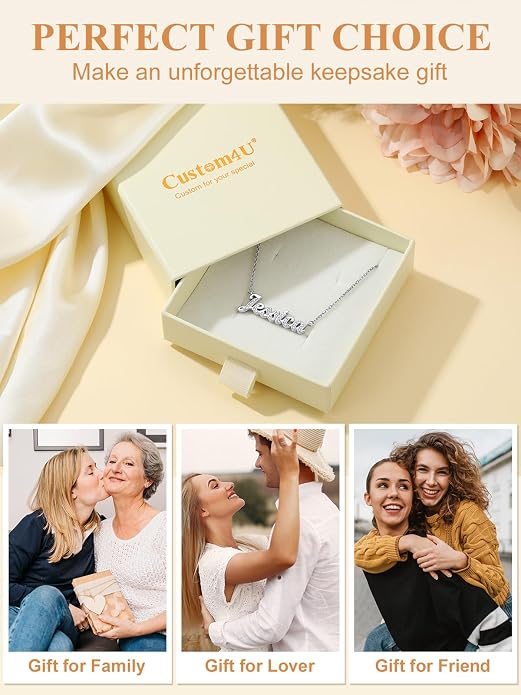 Custom4U Custom Name Necklace for Women, Personalized 1-5 Name Necklace, Sterling Silver/Stainless Steel 14K Gold Plated Nameplate Necklaces, Gift for Mom Wife Anniversary Birthday with Box