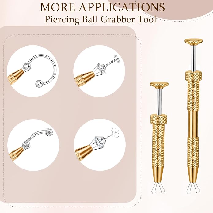 ONESING 2Pcs Piercing Ball Grabber Tool for Changing Jewelry, Stianless Steel Flat Back Earring Applicator Internally Threaded Push Pin Piercing Grabber Tool, Anti Slip 4 Claw Gem Ball Grabber Tool