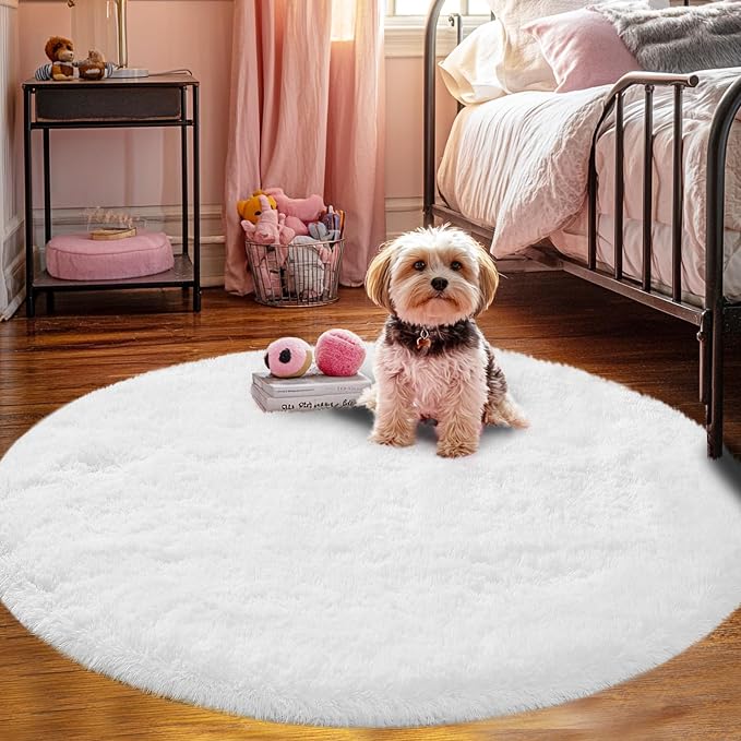 Round Rugs for Bedroom White : 3ft Fluffy Circle Area Rug for Kids Room- Furry Fuzzy Carpet for Girls Room- Soft Plush Rug for Dorm, Baby Rug
