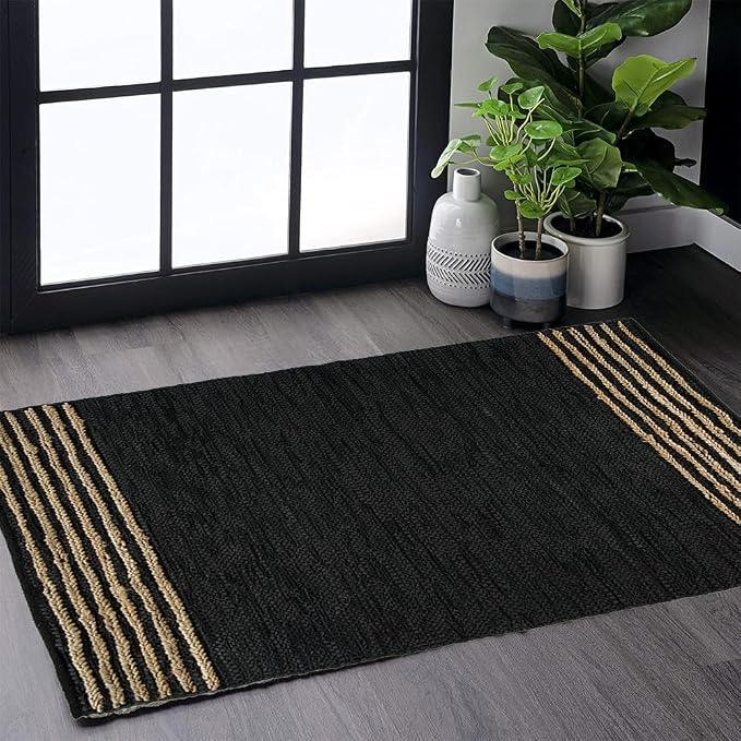 GRUHUM Black Jute Area Rug 2x3ft - Natural Fiber Rectangular Black Leather Handwoven Boho Farmhouse Soft Braided Vintage Eco Friendly Rugs Indoor Living Room Kitchen Hallways Enterways Doormat 2x3 ft