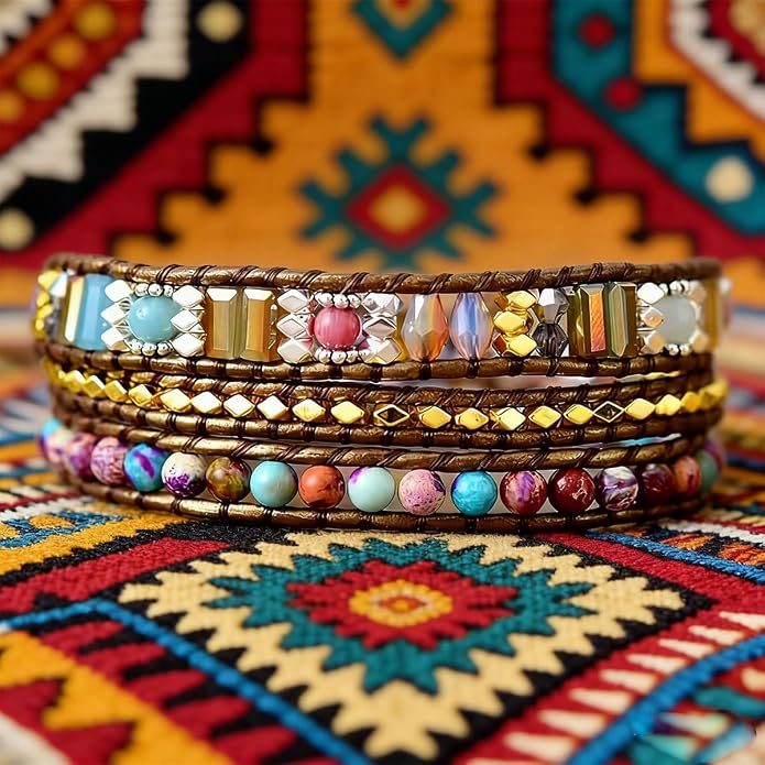 Boho Wrap Bead Bracelet for Women - Handmade Adjustable Natural Stone Beaded Bracelets Yoga Healing Bracelet Bangle Hippie Jewelry