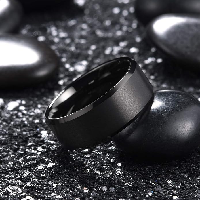 King Will Tungsten Men's Wedding Ring - Available in 6mm to 10mm, Black/Silver, Matte Finish, Beveled Polished Edge, Comfort Fit
