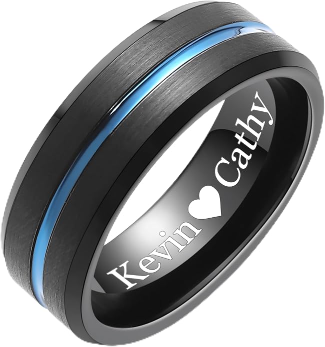 LerchPhi Tungsten Wedding Band for Men, Engraved and Customizable Promise Rings for Him and Her, Width 6MM 8MM Size 6-14, Center Grooved Beveled Edge, Comfort Fit