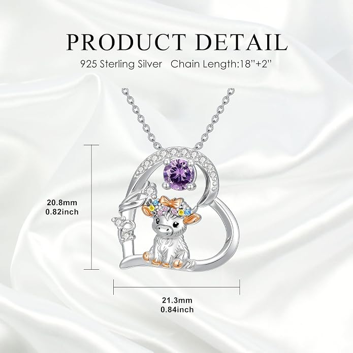 Highland Cow Gifts for Women 925 Sterling Silver Highland Cow Birthstone Necklace Fluffy Cow Jewelry Gifts Birthday Christmas