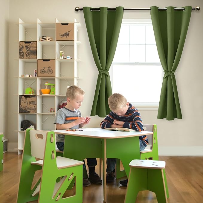Hiasan Room Darkening Window Curtains for Bedroom, Thermal Insulated Blackout Curtains, Set of 2 Panels, Sewn with Tiebacks, Grommet Top (Olive Green, Width 38 Inch x Length 63 Inch)