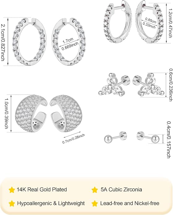Dainty Big Small Hoop Earrings for Women Huggie Hypoallergenic Silver Gold Flat Back Stud Earrings Set 14K Gold Plated Luxury Cubic Zirconia Ear Cuff Cartilage Earrings for Multiple Piercing Jewelry Gifts for Women 5 Pairs