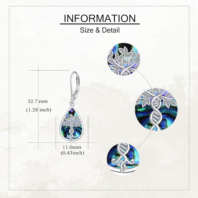 Tree Of Life Earrings 925 Sterling Silver Abalone Shell Tree Of Life Dna Earrings Dangle Tree Of Life Jewelry Gifts for Women