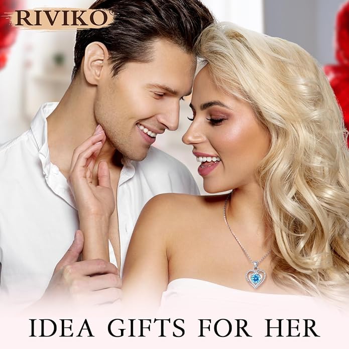 RIVIKO Heart Birthstone Pendant Necklace for Women 925 Sterling Silver Zirconia Necklaces Valentine's Day Anniversary Birthday Mothers Day Jewelry Gifts For Her Mother Wife