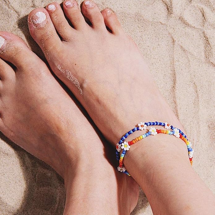 XIJIN 8Pcs Handmade Beaded Anklets for Women Boho Colorful Beads Ankle Bracelets Adjustable Foot Anklet Set