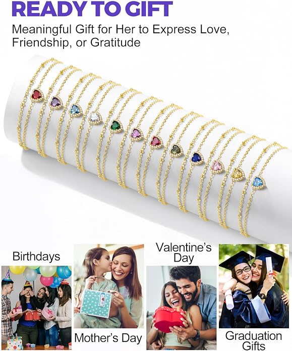 Richsteel Double Layer Heart/Butterfly Birthstone Anklet for Women Non Tarnish Waterproof, Silver/Gold/Black Stainless Steel 8.5-10.5 Inch Adjustable Chain Anklets Jewelry Gifts for Her