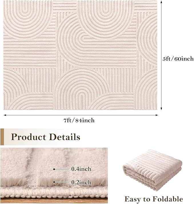 Ciicool 5x7 Area Rug for Living Room,Beige Washable High-Low Pile Carpet | Large Modern Textured Soft Fluffy Non Slip Mat Stain Resistant Non Shedding Geometric for Kids Bedside Bedroom Dining Room