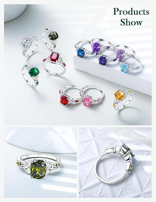 925 Sterling Silver Birthstone Rings for Women Cushion Cut Engagement Celtic Knot Ring Irish Jewelry Created Gemstone Anniversary Rings Size 6-10(with Box)