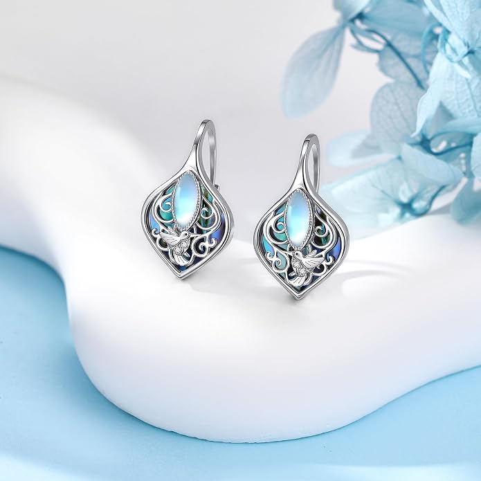 Moonstone Abalone Shell Earrings 925 Sterling Silver Dragonfly/Hummingbird/Butterfly/Lotus/Filigree Hoop Leverback Earrings Jewelry Gifts for Women