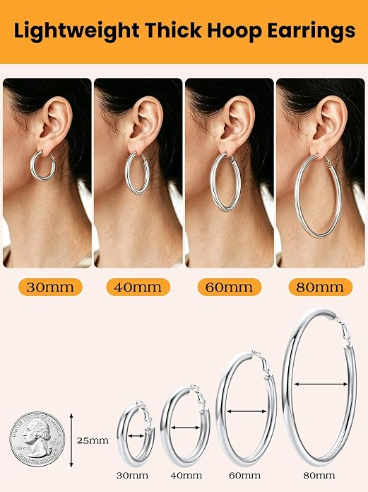 Bestyle 5mm Thick Gold Hoop Earrings Hypoallergenic Hoops for Sensitive Ears Trendy Lightweight Chunky Earrings for Women 30/40/60/80mm