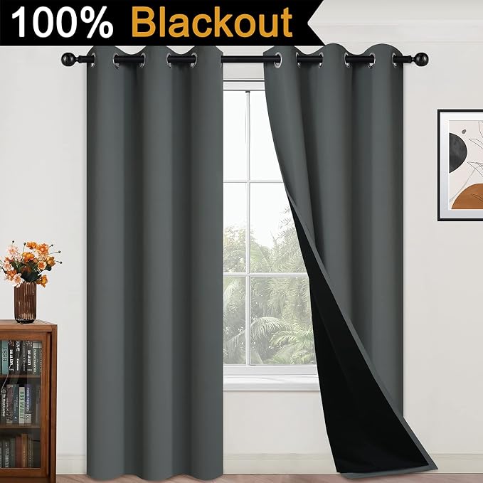 Yakamok Dark Grey 100% Blackout Curtains 84 Inches Long 42" Wide 2 Panels | Blackout Curtain Panels for Bedroom, 2 Thick Layers Grommet Top Thermal Insulated Drapes with Black Liner for Living Room