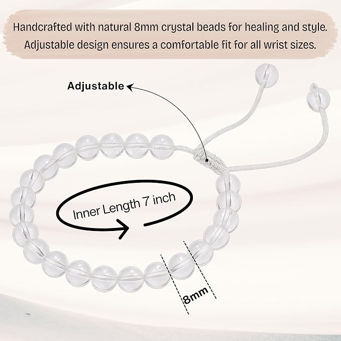 Amazing Gemstone Clear Quartz Bracelet, Gifts for Men & Women - Protection Healing Crystal Bracelet - 8mm Gemstone Beaded Adjustable Bracelet, Pulseras para Hombres Mujer Stocking Stuffers