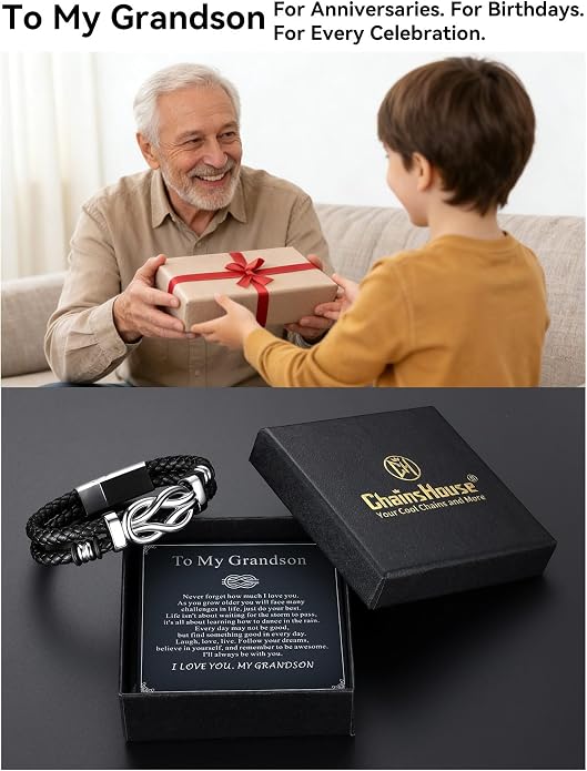 ChainsHouse Square Love Knot Bracelets for Men Braided Leather Stainless Steel Infinity Bracelets with Love Message Card Aniversary Birthday Gift for Men/Love/Husband/Dad