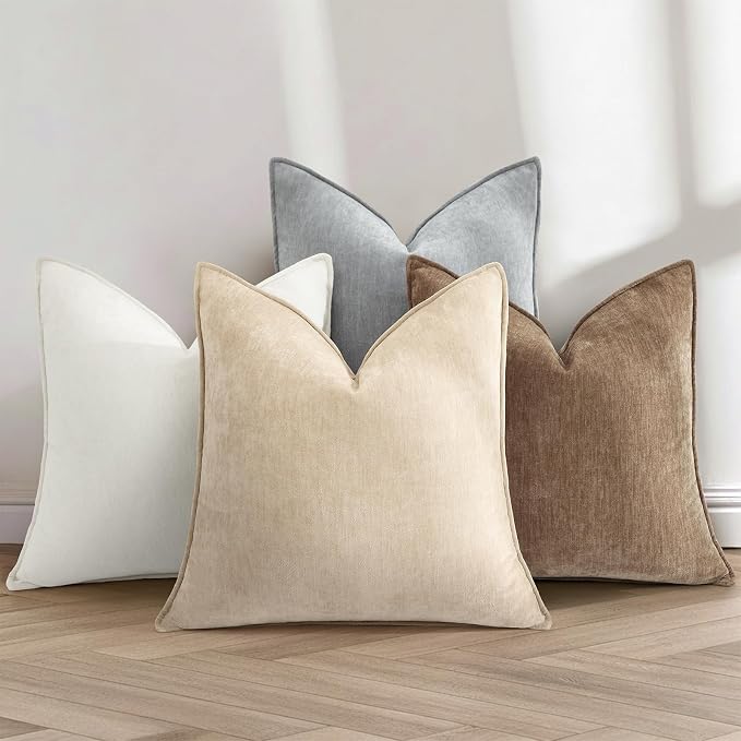 decorUhome Chenille Brown Velvet Throw Pillow Covers 24x24 Set of 2 | Fall Soft Euro Sham Couch Decorative Modern Farmhouse Pillow Cases with Elegant Design for Sofa Bed Living Room Home Decor