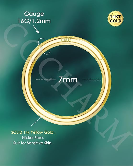 COCHARM 14K Solid Gold 18g/16g Nose Rings 16G Septum Rings Yellow Gold Tragus Helix Cartilage Conch Earring Hoops 18 Gauge Piercing Hoop