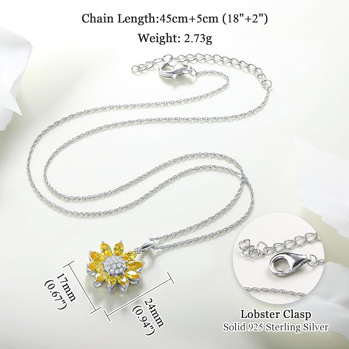Dainty Sunflower Necklace 925 Sterling Silver Flower Pendant Necklaces for Women Birthstone Anniversary Jewelry
