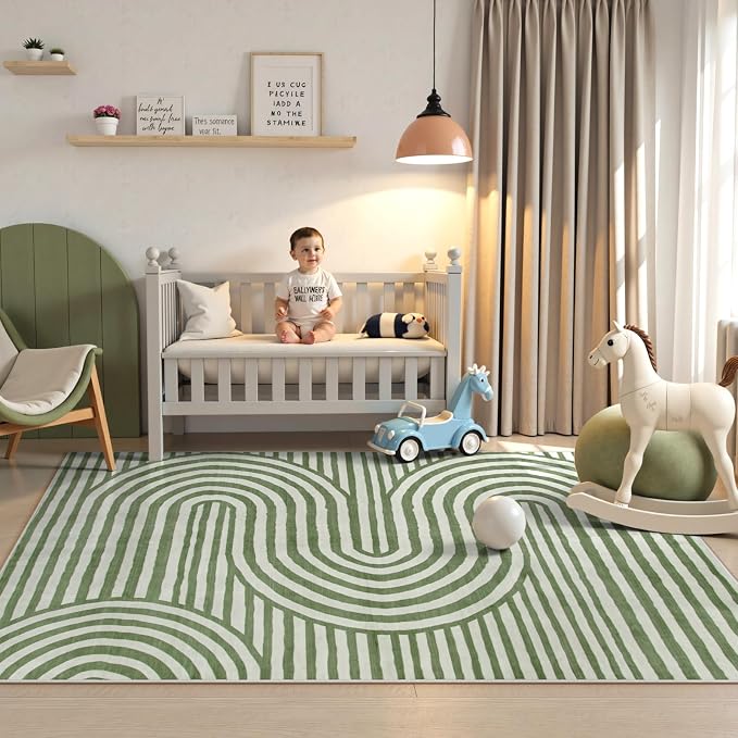 Lahome Green Washable Rug 5x7, Soft Kids Bedroom Rug Mid Century Modern Area Rugs for Living Room, Non-Slip Ultra-Thin Stain Resistance Abstract Rug for Classroom Nursery Playroom Office Alba(5'X7')