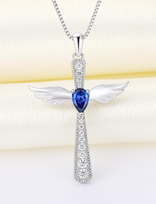 YL Cross Necklace 925 Sterling Silver Angel Wings Pendant Teardrop Birthstone Criss Jewelry for Women