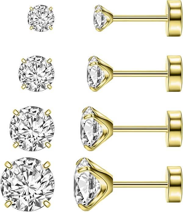 XUU Flat Back Stud Earrings, Implant Grade Titanium Earrings Set for Women, Hypoallergenic 20G Screw Back Earrings for Sensitive Ears, 3–6mm CZ Crystal, Gold Silver Black