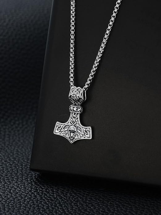 Viking Necklace for Men 925 Sterling Silver Viking Wolf/Thors Hammer/Vegvisir/Tree of Life/Compass Pendant Norse Necklace Amulet Talisman Christmas Gifts for Him Her