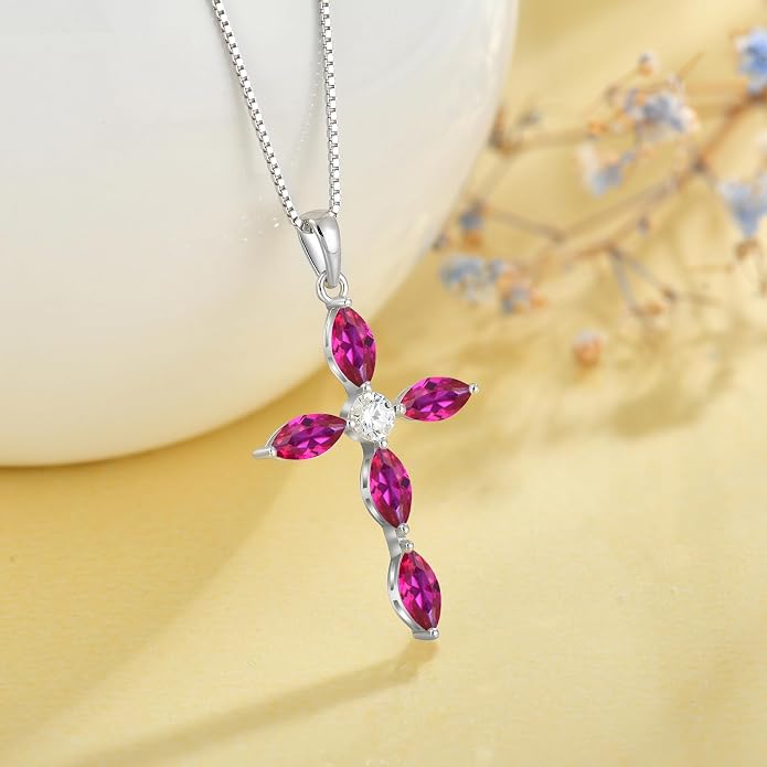 JO WISDOM Cross Necklace for Women,925 Sterling Silver Birthstone Necklaces Cubic Zirconia Cross Pendant Necklace Dainty Jewelry Gifts