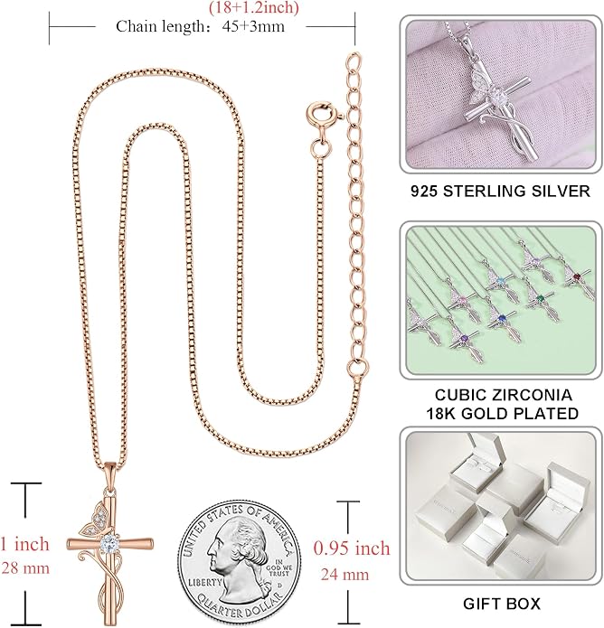 STARCHENIE Butterfly Cross Necklace 925 Sterling Silver Crucifix Pendant Birthstone Jewelry for Women