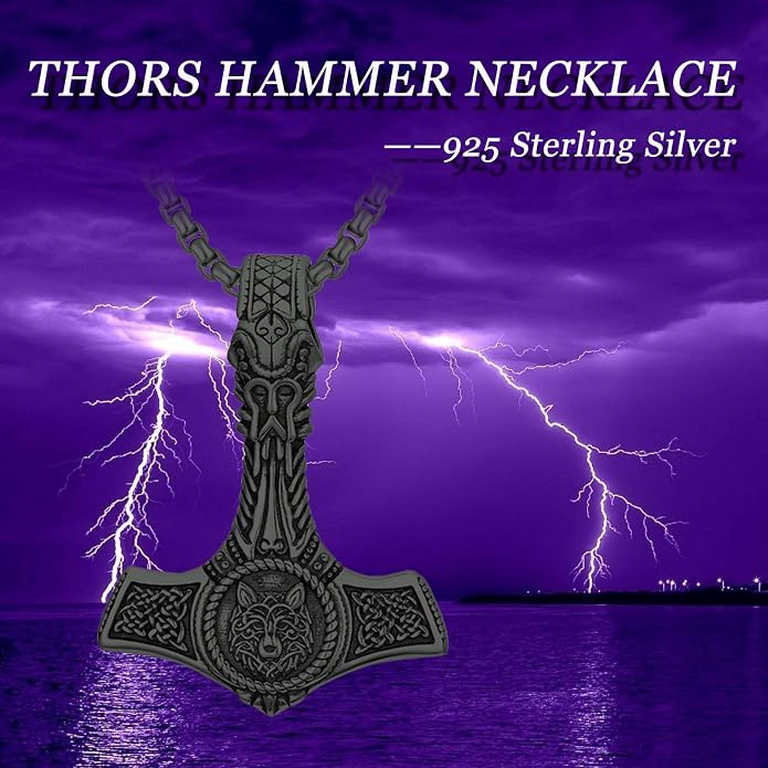 PROESS Thors Hammer Necklace Sterling Silver Celtic Knot Wolf/Lion/Raven Necklace Viking Mjolnir Pendant Jewelry for Men