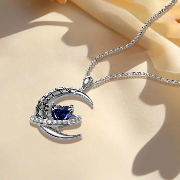 Distance I Love You to The Moon and Back Necklace for Women, S925 Sterling Silver Forever Love Heart Birthstone Necklace, Anniversary Birthday Jewelry for Wife Lover