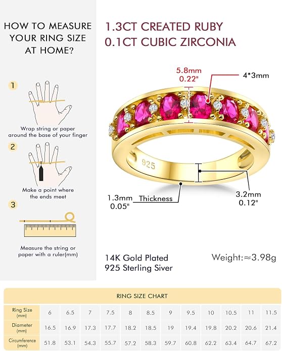 DAYBYDAY Oval Band Rings for Women, 925 Sterling Silver/14k Gold Plated Half Eternity Ring, Aquamarine/Ruby/Emerald/Sapphire Birthstone Rings, Thick Band Gemstone Anniversary Ring Size 6 to 10