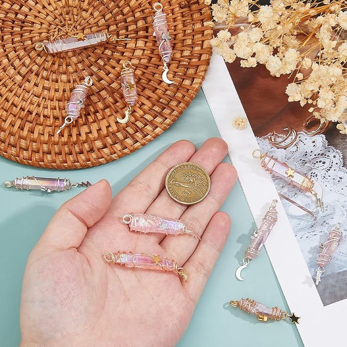 SUPERFINDINGS 12 Pcs 6 Styles Crystal Pendant Necklace Healing Crystal Necklace Natural Quartz Stone Pendant Necklaces Star Moon Copper Wire Wrapped for Necklace Bracelet Jewelry Making