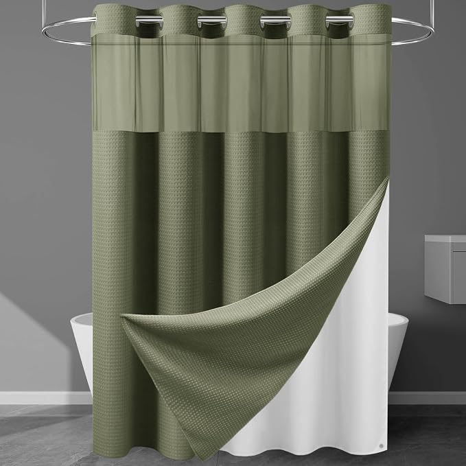 EUTXL Heavyweight Sage Green Long Hotel Shower Curtain - 256GSM Waffle Textured Heavy Duty Thick Fabric Shower Curtains for Bathroom,71W x 86H