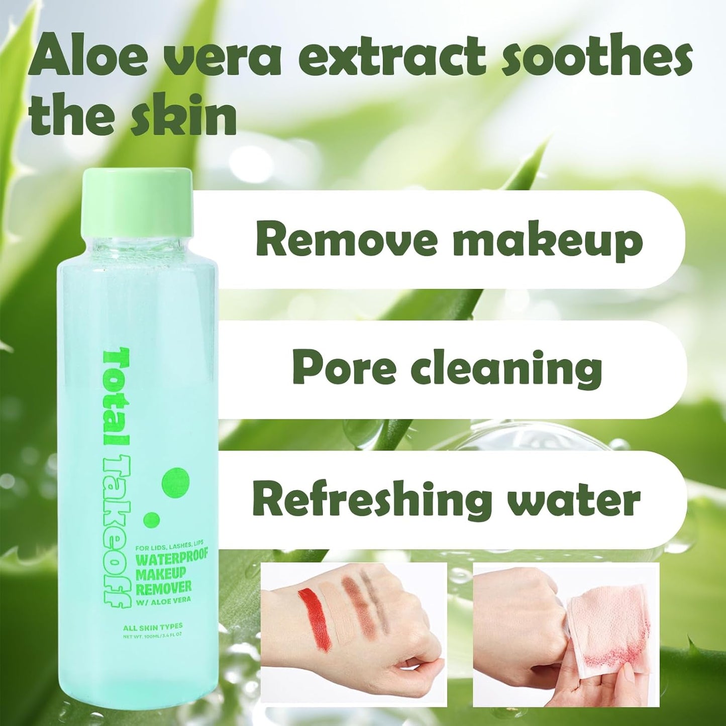 Total Takeoff Waterproof Makeup Remover – Dual-Phase Oil & Water Formula, Removes Eye & Lip Makeup, Gentle for Sensitive Skin, Aloe & Argan Oil, No-Rinse, 3.4 fl oz/100ml