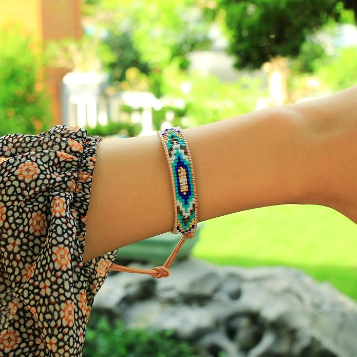 KELITCH Crystal Miyuki Beads Stretch Friendship Bracelets Handmade Leather Wrap Bracelets for Women