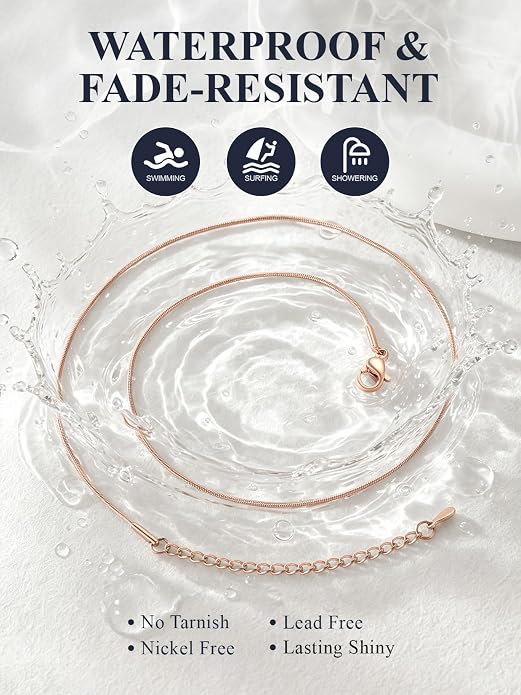 U7 Snake Necklace for Women 14K Gold Plated/Silver/Rose Gold/Black Chain Necklace Hypoallergenic, Stainless Steel Tiny Snake Chain Necklace 1/1.2/1.5/2MM, 14-30" Adjustable Minimalist Gift