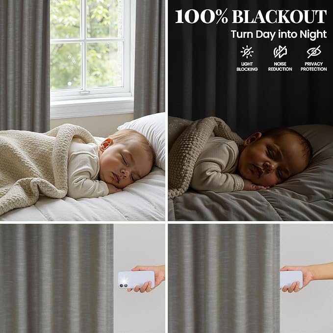 Topfinel 96 Inches Long Complete Blackout Ceiling Pinch Pleated Back Tab Curtains, Soundproofing Room Darkening Linen Drapes with Pin Hooks for Traverse Rods, Boho Blue Grey 52" W*96" L